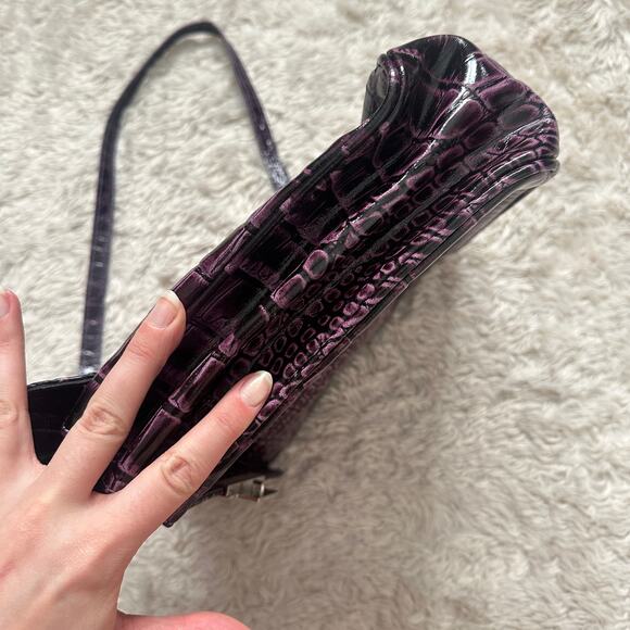 Purple Genuine Leather Crocodile Embossed Patent Purse Crossbody Bag Eggplant - Picture 9 of 11